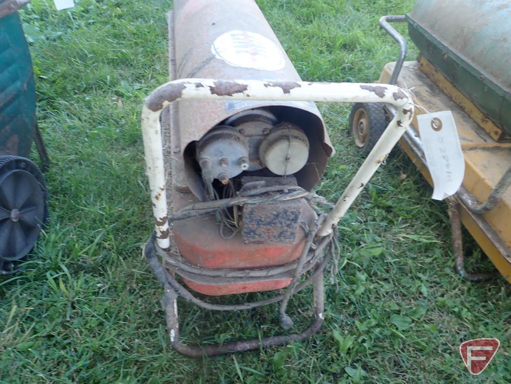 (2) KEROSENE SPACE HEATERS, 2 WHEEL CART, (2) VINTAGE STEEL WHEELS