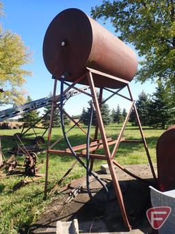 FUEL BARREL ON STAND, 38"D X 67"L, OVAL FUEL BARREL, 24"W X 70"T X 60"L