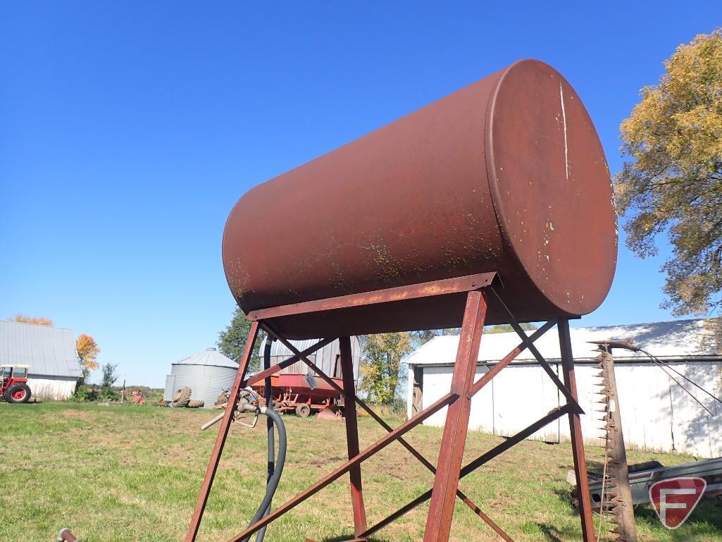 FUEL BARREL ON STAND, 38"D X 67"L, OVAL FUEL BARREL, 24"W X 70"T X 60"L