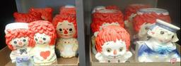 Raggedy Ann and Raggedy Andy head vases, some are 2-sided, most are 6"h. 2 boxes