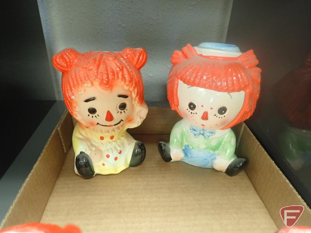 Raggedy Ann and Raggedy Andy head vases, some are 2-sided, most are 6"h. 2 boxes