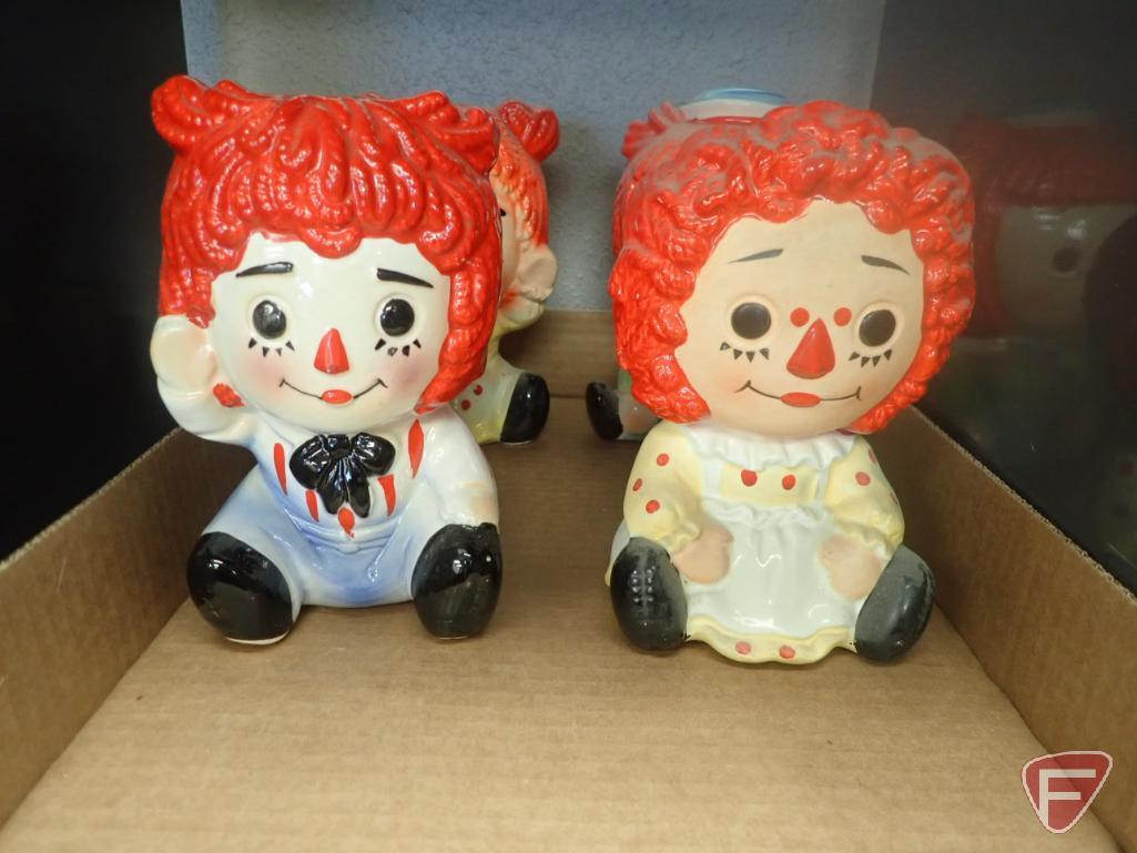 Raggedy Ann and Raggedy Andy head vases, some are 2-sided, most are 6"h. 2 boxes