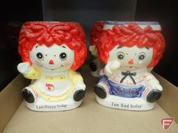 Raggedy Ann and Raggedy Andy head vases, some are 2-sided, most are 6"h. 2 boxes