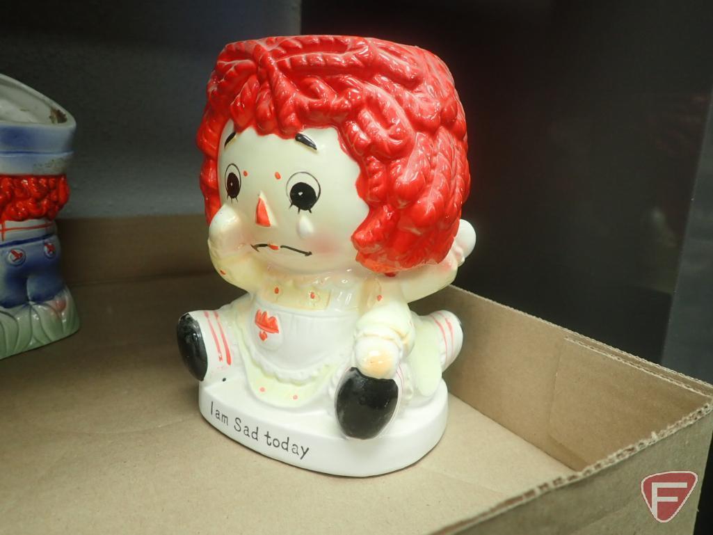 Raggedy Ann and Raggedy Andy head vases, some are 2-sided, most are 6"h. 2 boxes