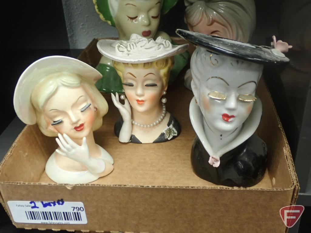 Head vases, girl with pink hat is 6"h, lady with green hat 8"h. 2 boxes