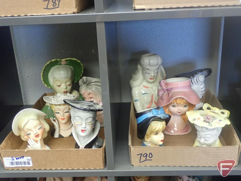 Head vases, girl with pink hat is 6"h, lady with green hat 8"h. 2 boxes