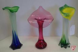 (3) colored glass vases, amethyst is 11"h