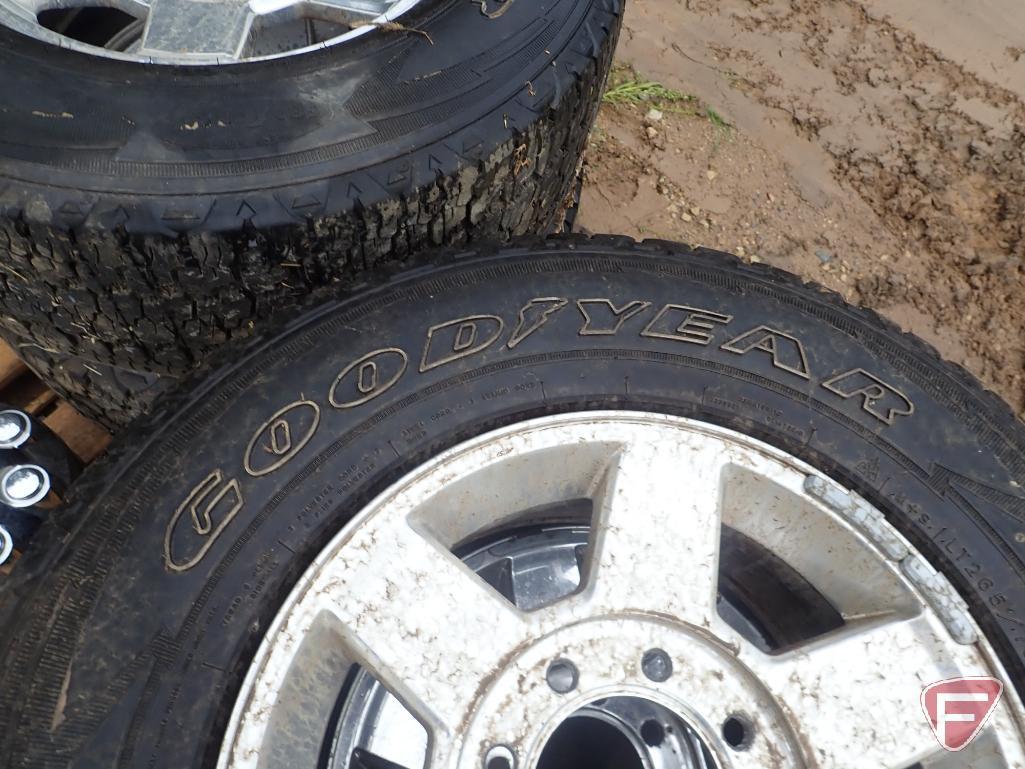 (4) Goodyear Wrangler tires, LT265/70R17, on aluminum 8 bolt rims, came off a Ram truck