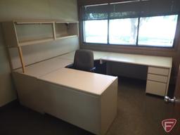 U shaped desk 105"x91", overhead cabinet, office chair