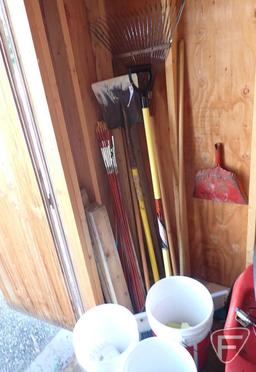 Shovel, broom, snow scraper, driveway markers, 5 gallon pails, salt