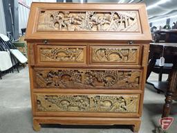 Vintage drop down desk with ornate Oriental themed carving 36"w x 18"d x 42"h