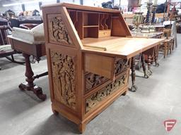 Vintage drop down desk with ornate Oriental themed carving 36"w x 18"d x 42"h