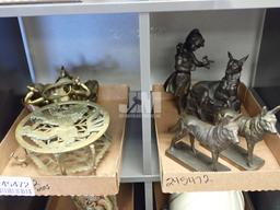 BRASS: DOG FIGURINES, GIRL/DOG SCULPTURE, STANDS, BOWL. 2 BOXES