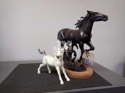 BRASS HORSE SCULPTURE 10"H AND LEFTON PORCELAIN HORSE FIGURINE. 2PCS