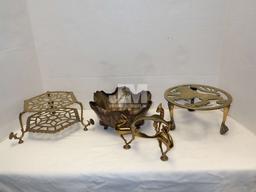 BRASS: DOG FIGURINES, GIRL/DOG SCULPTURE, STANDS, BOWL. 2 BOXES