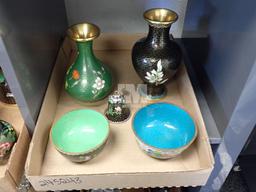 CLOISONNE VASES, BOWLS AND BELL. 2 BOXES