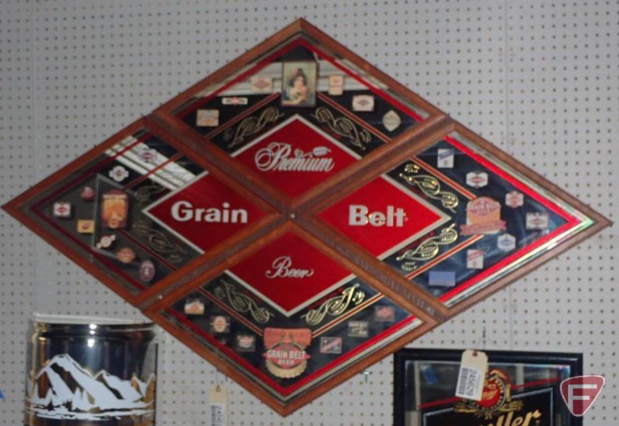 GRAIN BELT BEER 4 FRAMED MIRROR SECTIONS MOUNTED ON WOOD BACK, 62"W X 39"H