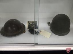 VINTAGE MILITARY HELMETS, GRENADE SHELL, WORLD WAR II BOOKLET. 4PCS