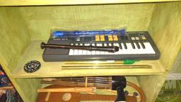 MUSICAL INSTRUMENTS AND BOOKSHELF, APPROX. 2'L X 9.5"D X 3'H;