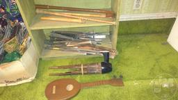 MUSICAL INSTRUMENTS AND BOOKSHELF, APPROX. 2'L X 9.5"D X 3'H;