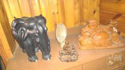 BUDDHA STATUES (2), ELEPHANT STATUE AND STONE HEAD; THIS LOT