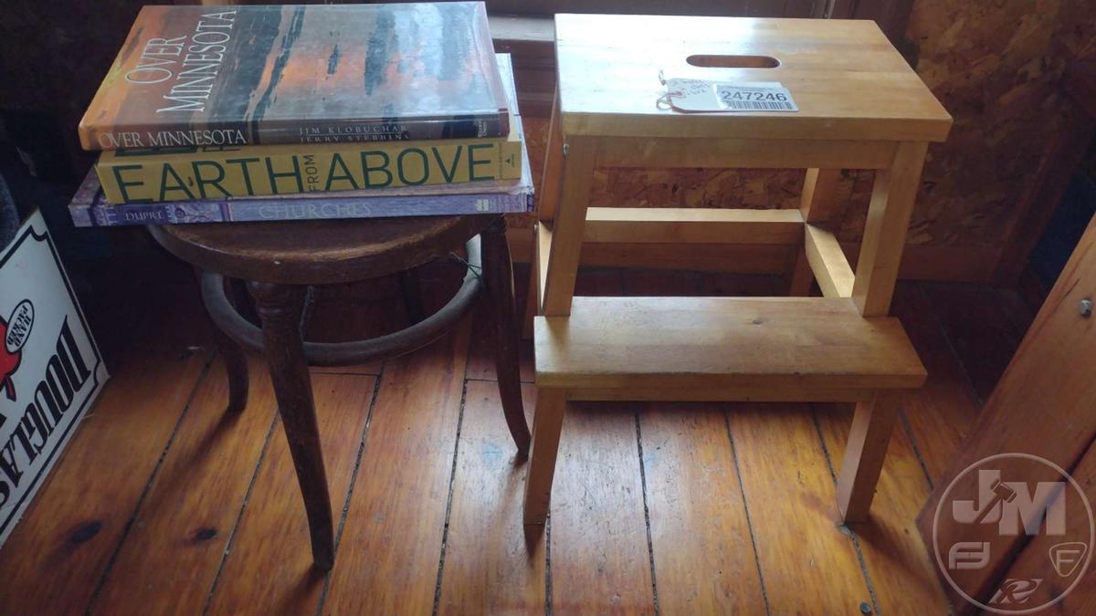 VINTAGE STOOLS (2), BOOKS (3), BIRD KITE; THIS LOT IS