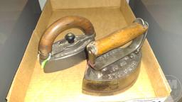 VINTAGE PRESSSING IRONS, (1) CLEMENTS PATENT (1) WITH BUTTON CUTOUT