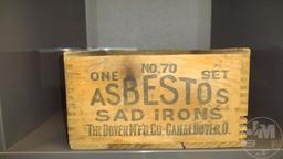 VINTAGE WOOD ASBESTOS SAD IRON BOX WITH 4 TRIVETS AND