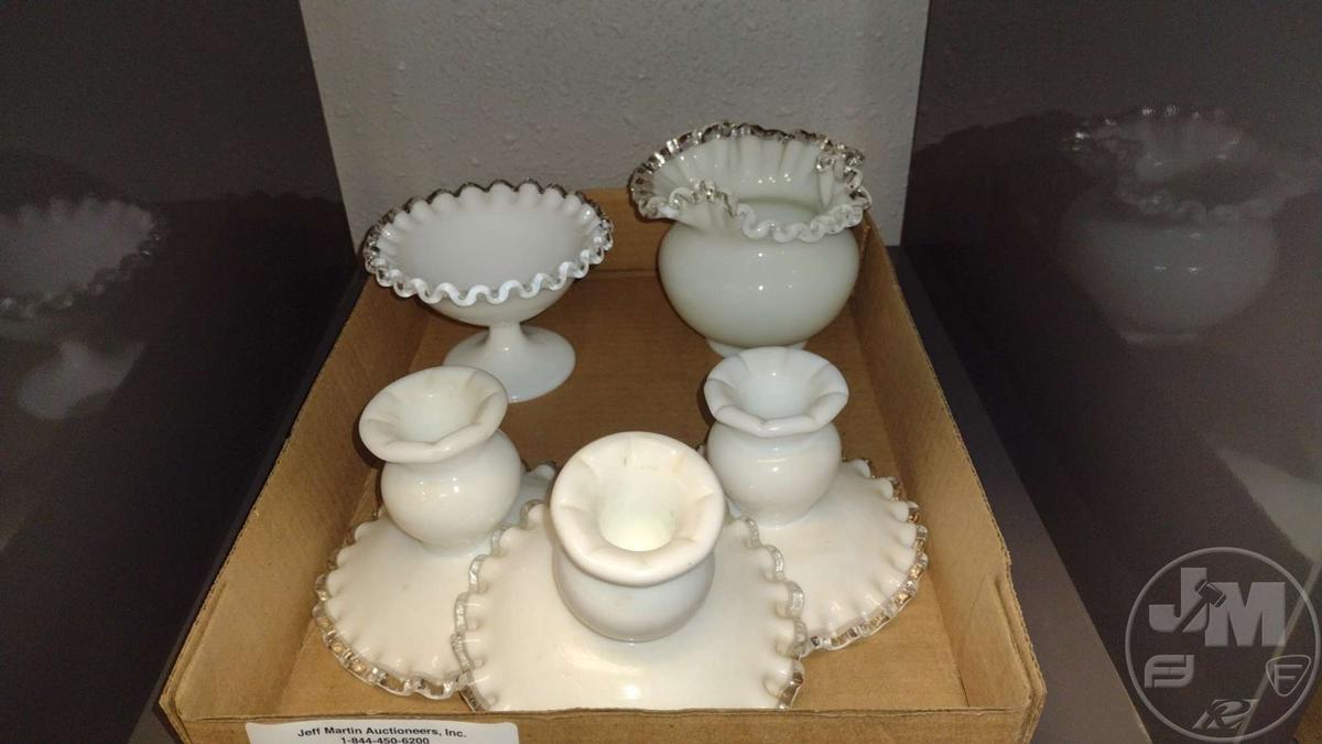 FENTON SILVER CREST CANDLE HOLDERS, BOWL & COMPOTE (5) PCS