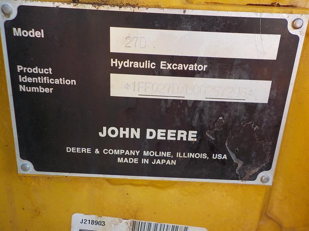 2012 John Deere 27D Mini Excavator, OROPS, Rubber Tracks, Backfill Blade, S