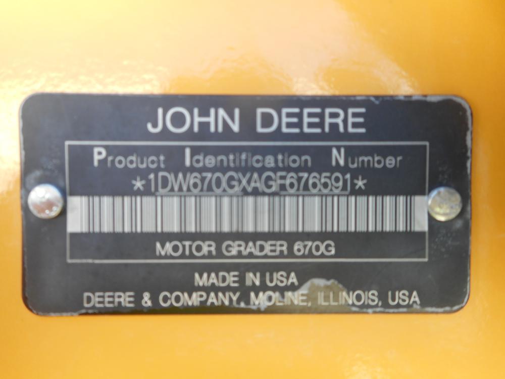 2016 John Deere 670G Motor Grader c/w Low Cab, A/C, 14' Blade, 17.50 Tires,