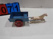 Cast iron horse, tin wagon