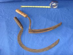 2 vintage metal Scythe cutters with wood handles cutting tools