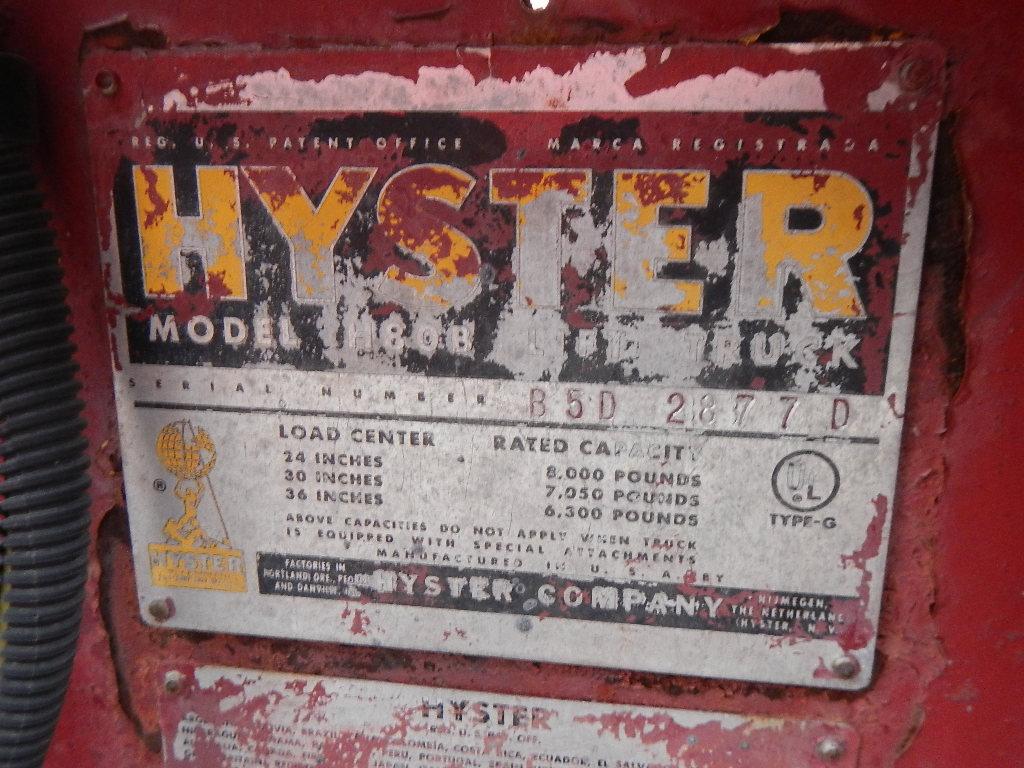 HYSTER H80B FORKLIFT 499 hours on meter  INLINE 4 CYLINDER DIESEL ENGINE, 1