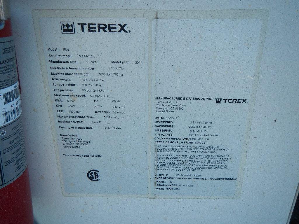2014 TEREX RL-4 PORTABLE LIGHT PLANT, 1176 HOURS  KUBOTA DIESEL, 6 KW S# RL