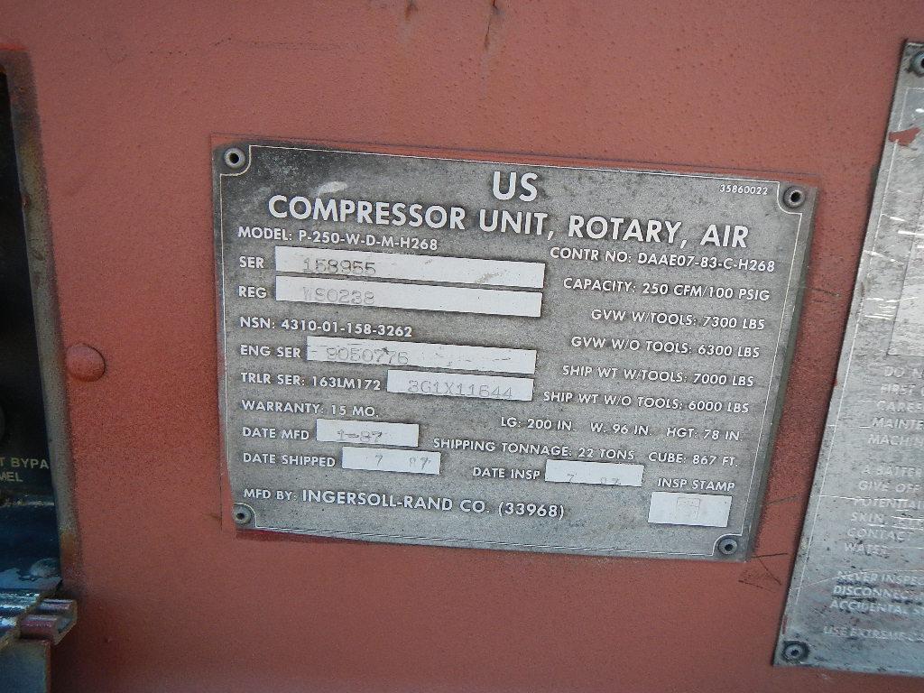 1997 US COMPRESSOR/INGERSOLL RAND 250 CFM PORTABLE AIR COMPRESSOR, 322 hrs,