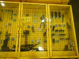 WALL MOUNTED CABINET WITH TOOLS,  WRENCHES, SOCKETS, HAMMERS AND MISC. LOAD