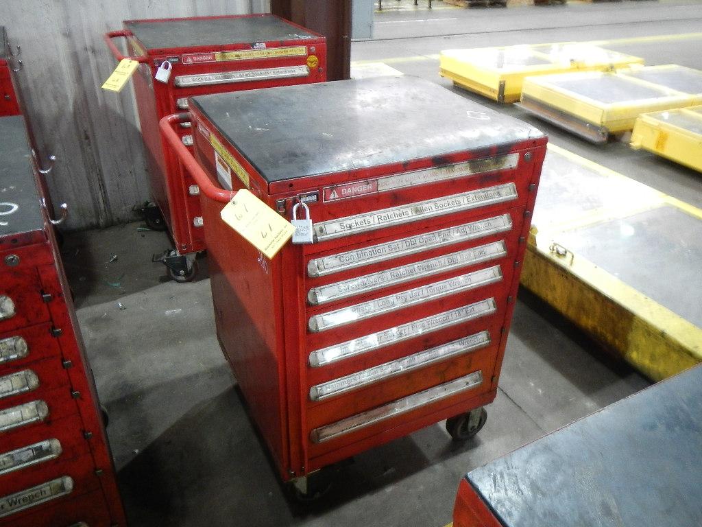 STANLEY ROLL-AROUND/LOCKING TOOLBOX WITH CONTENTS,  HAND TOOLS, SOCKETS, RA