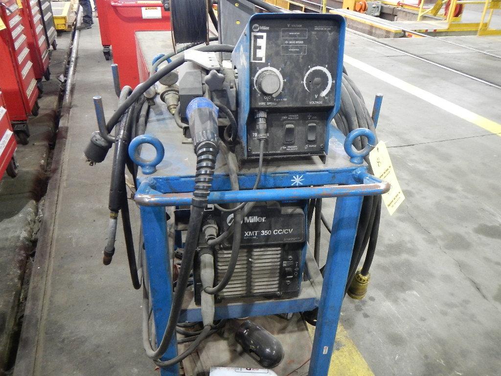 MILLER XMT-350 WELDER WITH MILLER 70 SERIES WIRE FEEDER,  MIG GUN, MOUNTED