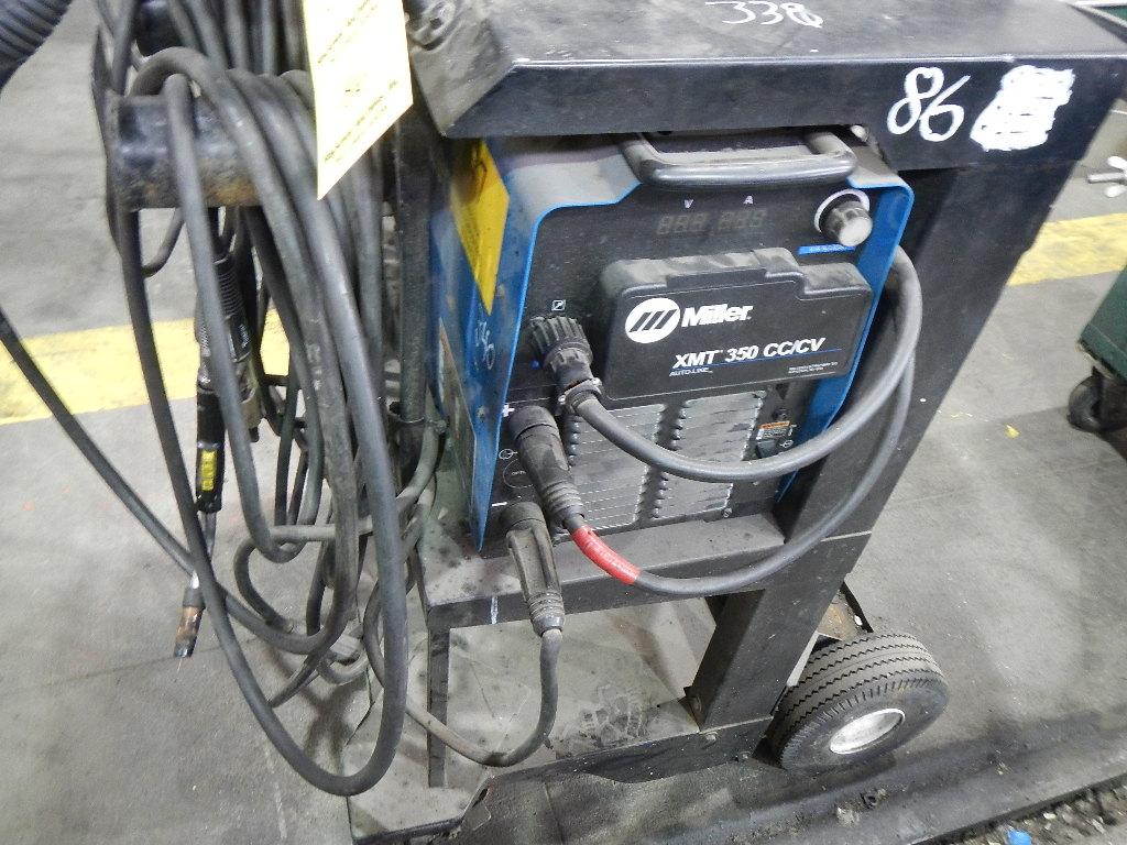 MILLER XMT-350 WELDER WITH MILLER 70 SERIES WIRE FEEDER,  MIG GUN, MOUNTED