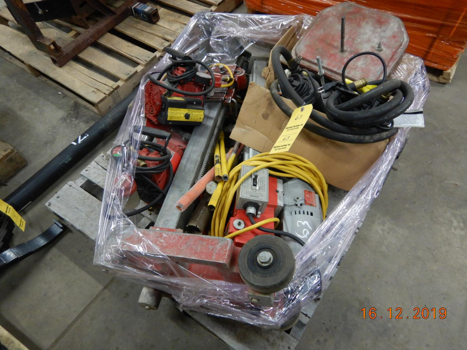 PALLET WITH, (2) MILWAUKEE CORE DRILLS,  VACUUM PUMPS, WATER PUMPS AND MISC