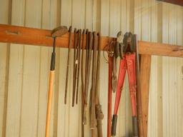 MISC LOT OF,  HAND TOOLS, POST HOLE DIGGERS, SPLITTING MAUL, BOLT CUTTERS,