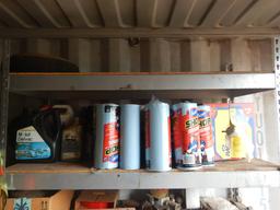METAL SHELF WITH PAPER TOWELS, OIL, ELECTRICAL PARTS,  FOAM SEALANT AND MIS