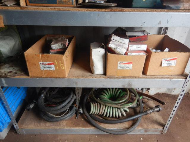 METAL SHELF WITH PAPER TOWELS, OIL, ELECTRICAL PARTS,  FOAM SEALANT AND MIS