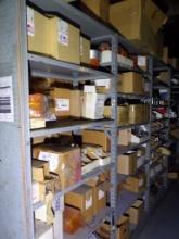 PARTS SHELVES WITH CONTENTS OF  HYDRAULIC HOSE, FITTINGS, LIGHTS, DESK, & M