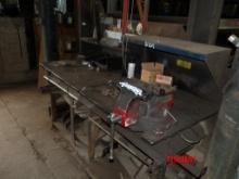 SHOP TABLE WITH CONTENTS,  VISE, & MISCELLANEOUS METAL