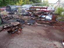 WOODEN DECK TRAILER,  SINGLE AXLE WITH ALL SCRAP ALONG BUILDING AND FENCE,