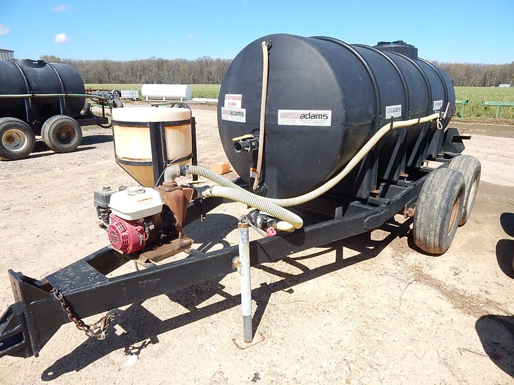 ADAMS WATER TRAILER,  1000 GALLON, TANDEM AXLE, HONDA TRANSFER PUMP, CHEMIC