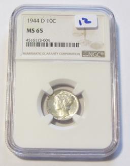 1944-D MERCURY DIME GEM NGC MS 65