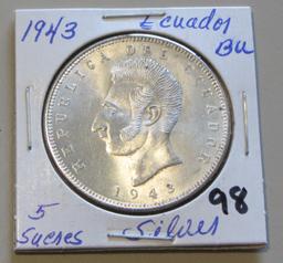 1943 Silver Ecuador 5 Sucres BU